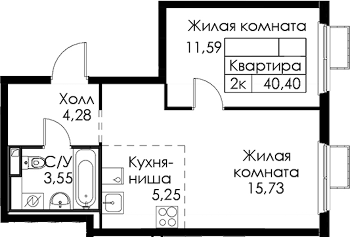 1-комнатная квартира 40.4 м², 6/15 эт., ЖК «Янинский лес»